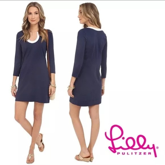 Lilly Pulitzer Marlina Long Sleeve Short Navy Dress White Trim Pima Cotton Sz S